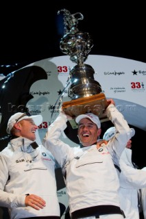 Valencia, 2/14/10. Alinghi5 33rd Americas Cup. Day 7 - Race 2. GGYC wins the 33rd Americas Cup Match. James Spithill, Russell Coutts. Guido Trombetta / Alinghi/SEASEE.COM