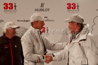 Valencia, 2/14/10. Alinghi5 33rd Americas Cup. Day 7 - Race 2. GGYC wins the 33rd Americas Cup Match. Brad Butterworth, Larry Ellison, Ernesto Bertarelli. Guido Trombetta / Alinghi/SEASEE.COM