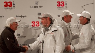 Valencia, 2/14/10. Alinghi5 33rd Americas Cup. Day 7 - Race 2. GGYC wins the 33rd Americas Cup Match. Brad Butterworth, Larry Ellison, Ernesto Bertarelli, Russell Coutts. Guido Trombetta / Alinghi/SEASEE.COM