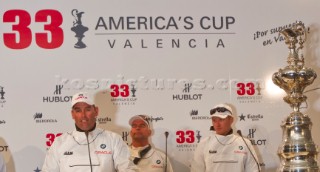 Valencia, 2/14/10. Alinghi5 33rd Americas Cup. Day 7 - Race 2. GGYC wins the 33rd Americas Cup Match. James Spithill, Russell Coutts, Larry Ellison. Guido Trombetta / Alinghi/SEASEE.COM