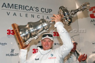 Valencia, 2/14/10. Alinghi5 33rd Americas Cup. Day 7 - Race 2. GGYC wins the 33rd Americas Cup Match. James Spithill. Guido Trombetta / Alinghi/SEASEE.COM