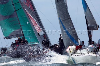 Emirates Team New Zealand rounding the bottom mark between Quantum Racing (USA) and Synergy (RUS), Race four of the Trophy of Portugal MedCup Regatta. 13/5/2010