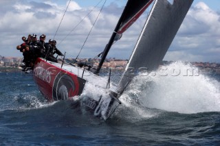 Emirates Team New Zealand approaching the top mark in race six. Trophy of Portugal MedCup Regatta. Cascias, Portugal.14/5/2010