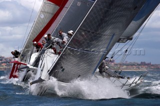 Synergy (RUS), Bribon (ESP) and All4One (GER) approaching the top mark in race six. Trophy of Portugal MedCup Regatta. Cascias, Portugal.14/5/2010