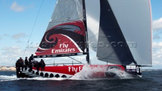 Emirates Team New Zealand leads the way around in race seven. Trophy of Portugal MedCup Regatta. Cascias, Portugal.14/5/2010l