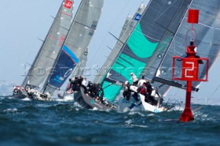 Cristabella (GBR), Quantum (USA) and Team Origin (GBR) round mark four in the coastal race of the Trophy of Portugal, Med Cup regatta. Cascais, Portugal. 15/5/2010