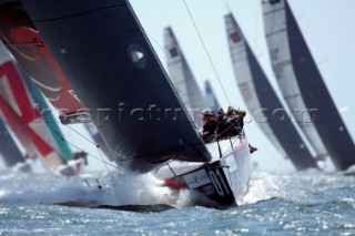 Emirates Team New Zealand lead for most of the way around the 39.3 Nm coastal race of the Trophy of Portugal, Med Cup regatta. Cascais, Portugal. 15/5/2010