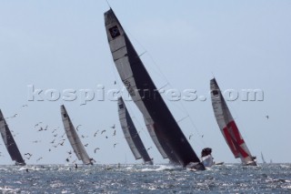 Emirates Team New Zealand lead for most of the way around the 39.3 Nm coastal race of the Trophy of Portugal, Med Cup regatta. Cascais, Portugal. 15/5/2010