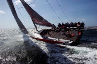 Emirates Team New Zealand lead for most of the way around the 39.3 Nm coastal race of the Trophy of Portugal, Med Cup regatta. Cascais, Portugal. 15/5/2010