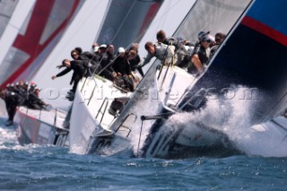 Team Origin (GBR) leads into the first mark in race nine of the Trophy of Portugal, Med Cup regatta. Cascais, Portugal. 16/5/2010