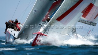 Emirates Team New Zealand and All4One (GER) on the first beat of race ten of the Trophy of Portugal, Med Cup regatta. Cascais, Portugal. 16/5/2010