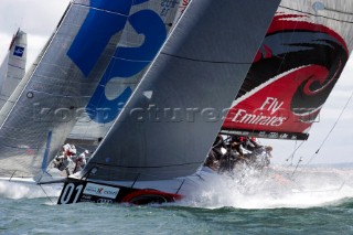 Emirates Team New Zealand start race six at the pin end of the line. Trophy of Portugal MedCup Regatta. Cascias, Portugal.14/5/2010