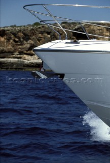 Bow of Fairline powerboat underway