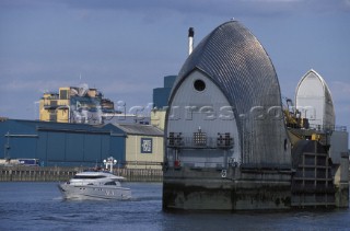 Fairline Squadron 74 passes through the Thames Barrier in London