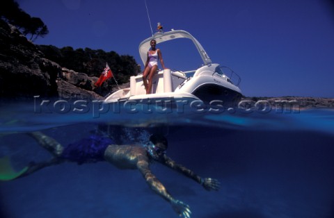 Male and female models relaxing and socialising on a luxury Fairline powerboat