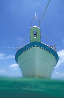 Profile of moored motor boat from surface of the water