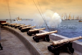 Canons signal the start of racing on the platform of the Royal Yacht Squadron, Cowes, Isle of Wight