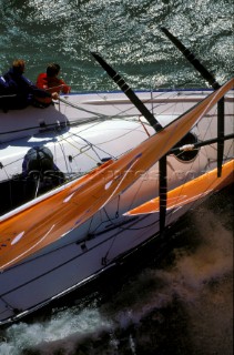 Aerial shot of crew on Farr 40 racing yacht.