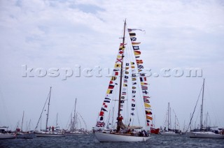 A yacht dressed in colours at the Trafalgar 200 celebrations in 2005