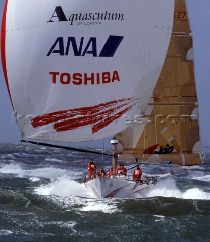 Whitbread 60 Tokio blasts along on the plane under spinnaker at the finish of the Whitbread Round th