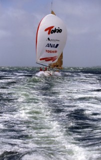 Whitbread 60 Tokio blasts along on the plane under spinnaker at the finish of the Whitbread Round the World Race 1993/1994