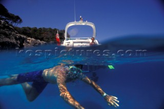 Male and female models relaxing and socialising on a luxury Fairline powerboat