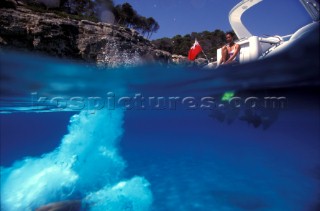 Male and female models relaxing and socialising on a luxury Fairline powerboat