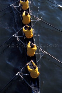 A team of rowers wearing yellow uniform clothing  in a skull on the River Thames