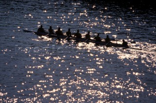 A team of rowers wearing yellow uniform clothing  in a skull on the River Thames