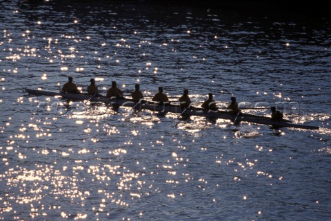 A team of rowers wearing yellow uniform clothing  in a skull on the River Thames