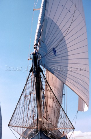 Close up of the bowsprit of classic yacht Adela