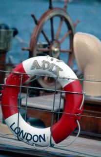 Detail of life ring onboard classic yacht Adix