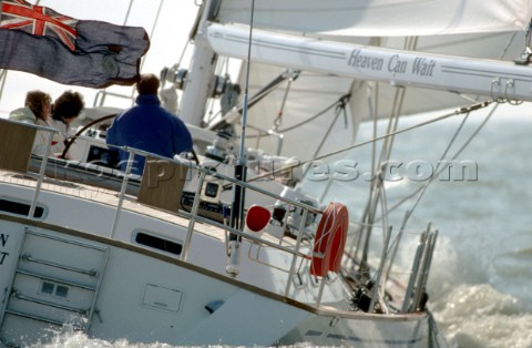 Stern detail of cruising yacht Heaven Can Wait