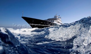 Luxury superyacht Leander owned by Sir Donald Gosling by Les Iles des Lerins near Cannes, South of France.