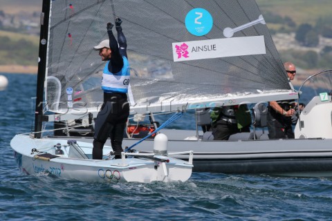 WEYMOUTH ENGLAND  AUGUST 5th Ben Ainslie of Great Britain wins Gold Medal in the Mens Finn sailing d