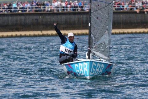 WEYMOUTH ENGLAND  AUGUST 5th Ben Ainslie of Great Britain wins Gold Medal in the Mens Finn sailing d