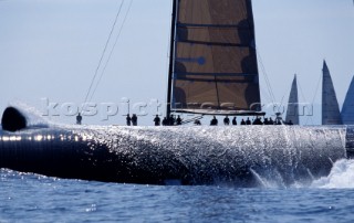 Maxi Yacht Rolex Cup 2001. Porto Cervo, Sardinia. American submarine (possibly a Los Angeles class fast attack sub) submerging.