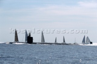 Maxi Yacht Rolex Cup 2001. Porto Cervo, Sardinia. American submarine (possibly a Los Angeles class fast attack sub) submerging.