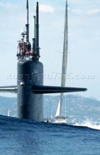 Maxi Yacht Rolex Cup 2001. Porto Cervo, Sardinia. American submarine (possibly a Los Angeles class fast attack sub) submerging.