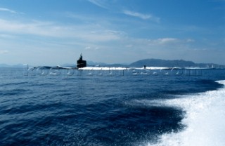 Maxi Yacht Rolex Cup 2001. Porto Cervo, Sardinia. American submarine (possibly a Los Angeles class fast attack sub) submerging.