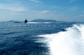 Maxi Yacht Rolex Cup 2001. Porto Cervo, Sardinia. American submarine (possibly a Los Angeles class fast attack sub) submerging.