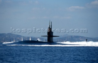 Maxi Yacht Rolex Cup 2001. Porto Cervo, Sardinia. American submarine (possibly a Los Angeles class fast attack sub) submerging.