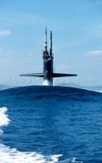 Maxi Yacht Rolex Cup 2001. Porto Cervo, Sardinia. American submarine (possibly a Los Angeles class fast attack sub) submerging.