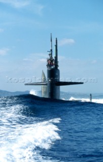 Maxi Yacht Rolex Cup 2001. Porto Cervo, Sardinia. American submarine (possibly a Los Angeles class fast attack sub) submerging.