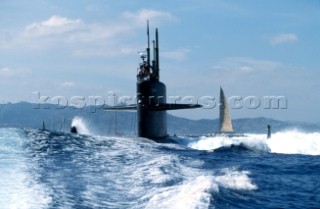 Maxi Yacht Rolex Cup 2001. Porto Cervo, Sardinia. American submarine (possibly a Los Angeles class fast attack sub) submerging.