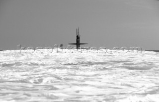 Maxi Yacht Rolex Cup 2001. Porto Cervo, Sardinia. American submarine (possibly a Los Angeles class fast attack sub) submerging.