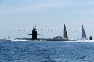 Maxi Yacht Rolex Cup 2001. Porto Cervo, Sardinia. American submarine (possibly a Los Angeles class fast attack sub) submerging.