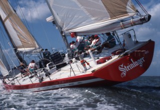 The maxi ketch Steinlager II skippered by Peter Blake racing in the Whitbread Round the World Race now known as the Volvo Ocean Race