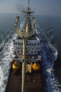 Noboard the Trinity House support vessel Patricia. Aerial masthead view from the crows nest underway.