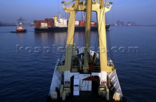 Noboard the Trinity House support vessel Patricia. Aerial masthead view from the crows nest underway.